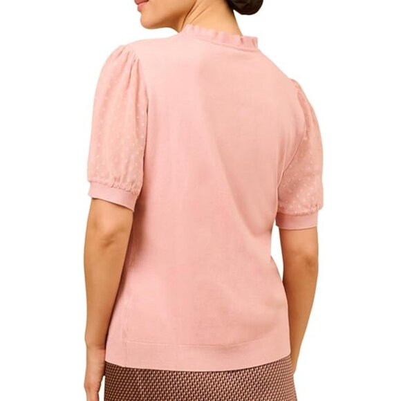 ADRIANNA PAPELL Clip Dot Puff Sleeve Knit Top Blush Pink Short Sleeve Balletcore - Picture 4 of 16